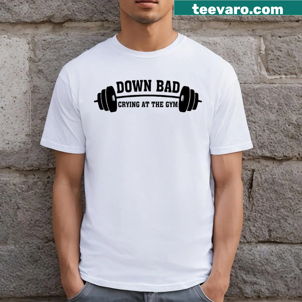Funny gym t-shirt with the phrase about crying during workouts — on a men's t-shirt