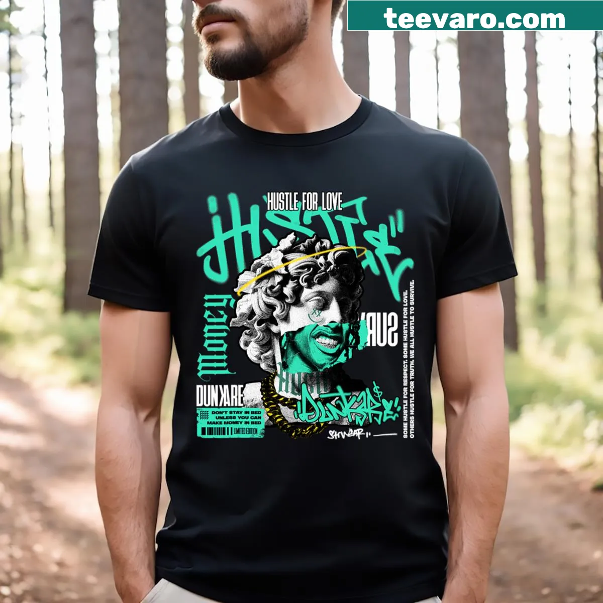 Bold matching t-shirt for Dunkare Hustles with urban design — on a men's t-shirt
