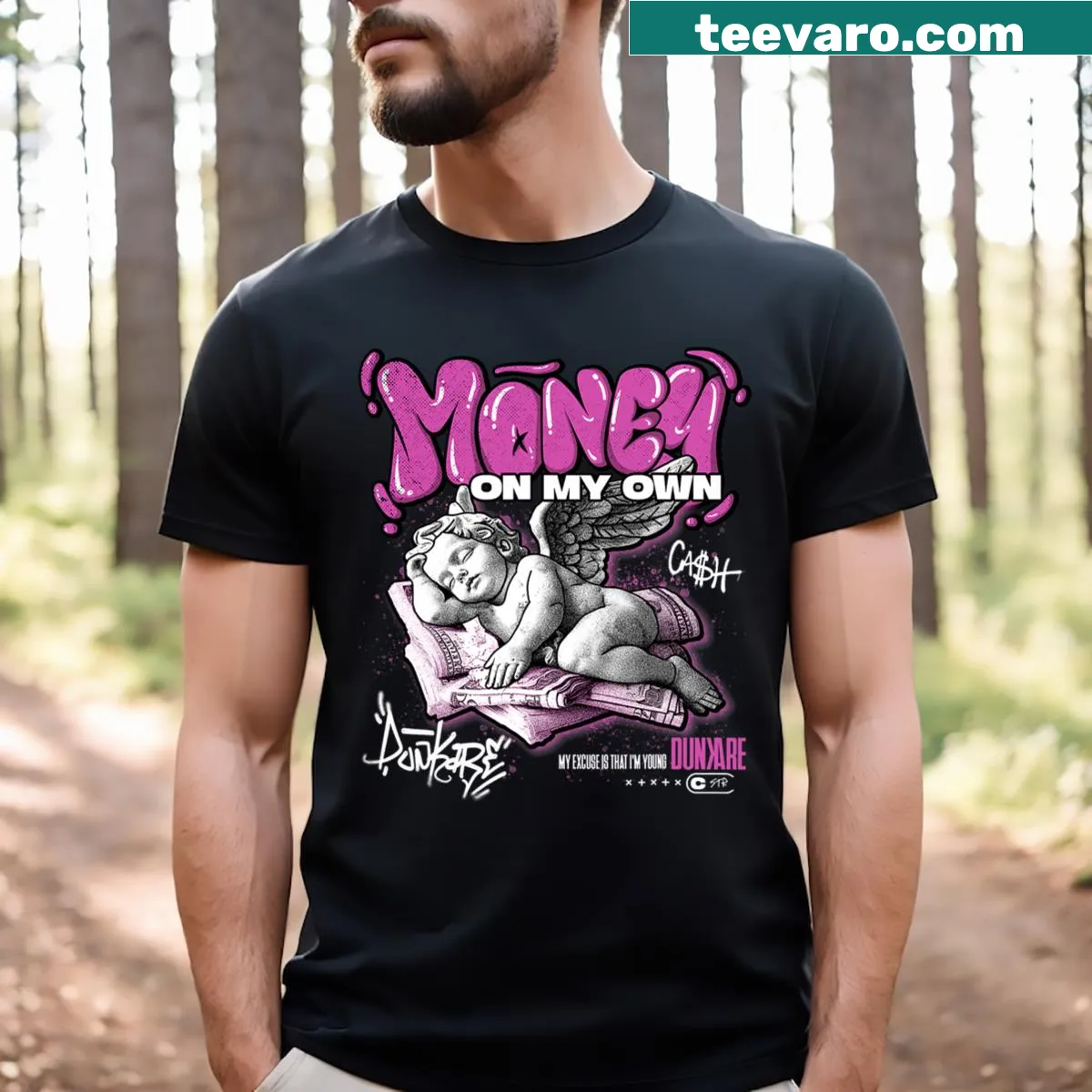 T-shirt designed to match Dunkare Money Cash Hyper Violet 4s sneakers — on a men's t-shirt
