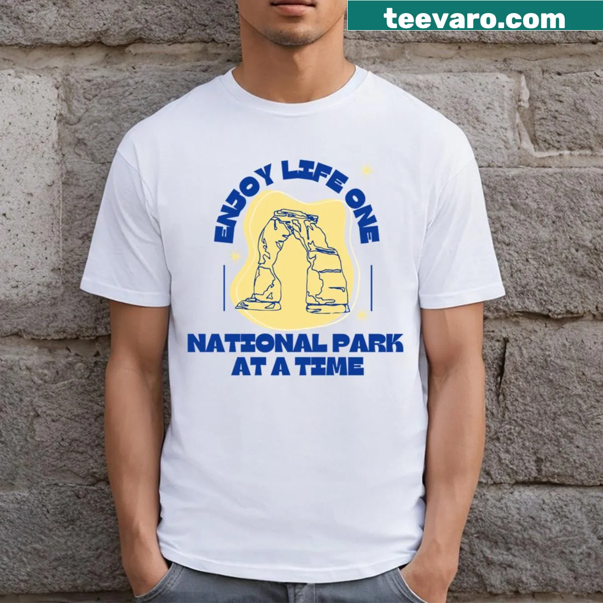 Inspirational graphic T-shirt promoting nature and national parks — on a men's t-shirt