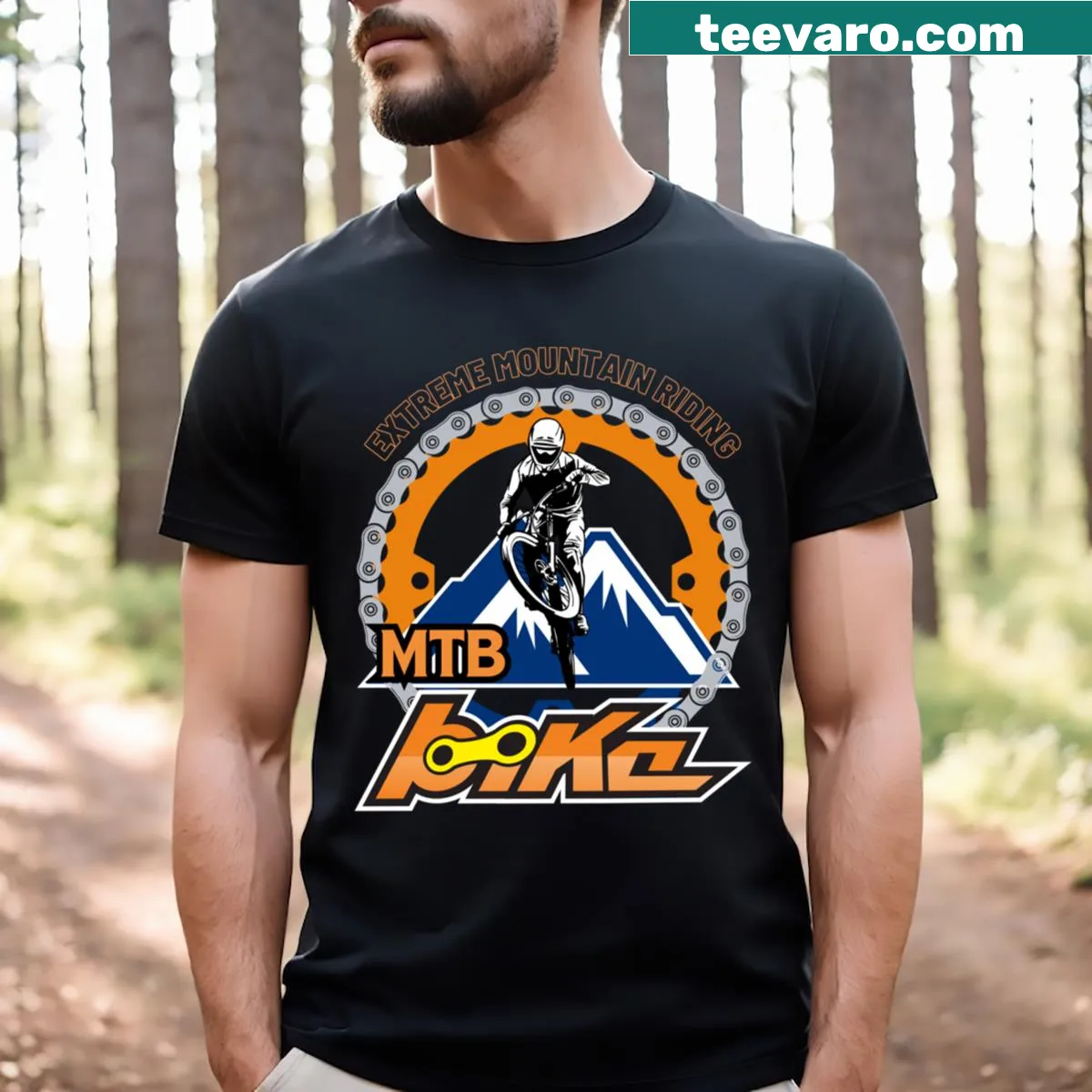 Mountain biking t-shirt with extreme riding graphics — on a men's t-shirt