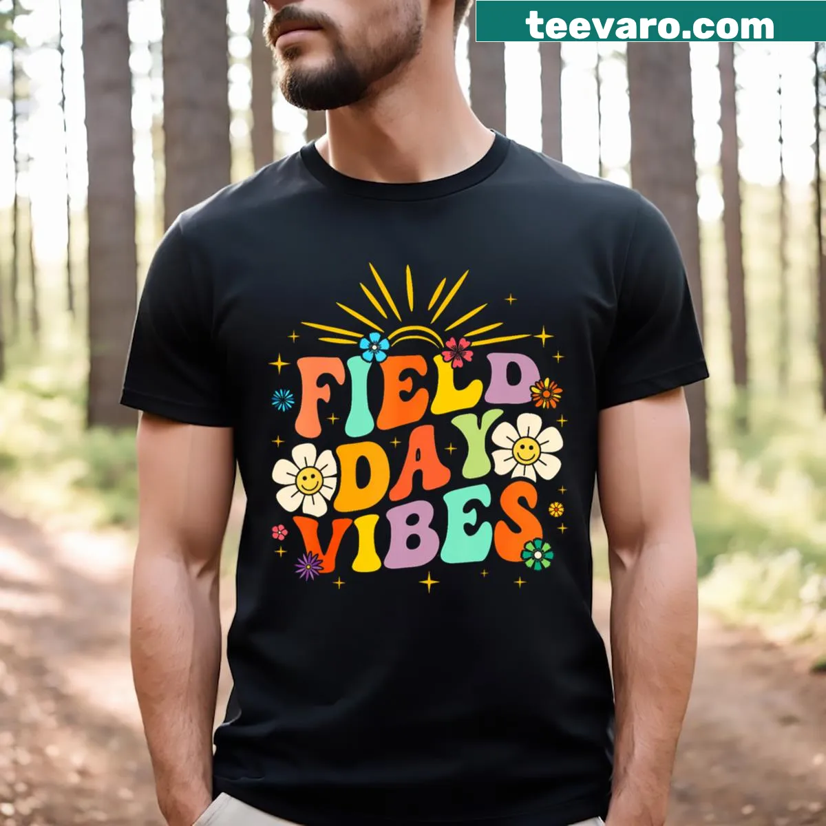 Groovy T-shirt for teachers featuring a fun field day design — on a men's t-shirt