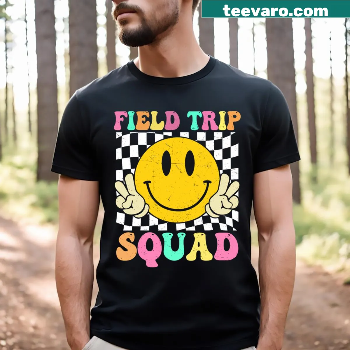 Groovy smiley face T-shirt for field trips — on a men's t-shirt