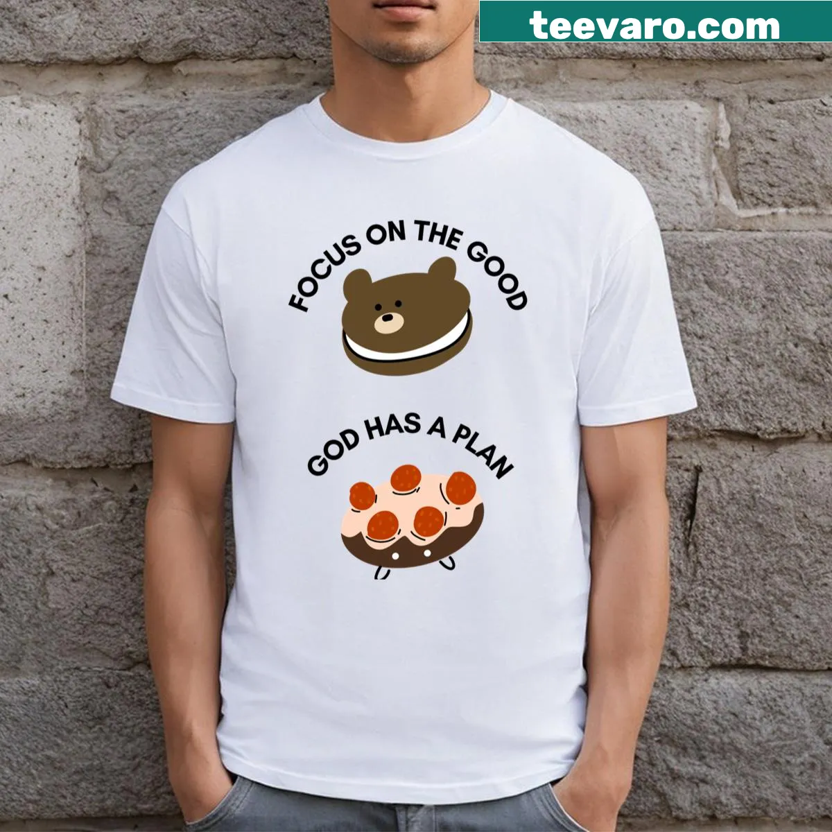 Wholesome T-shirt with bear donut illustration and uplifting message — on a men's t-shirt