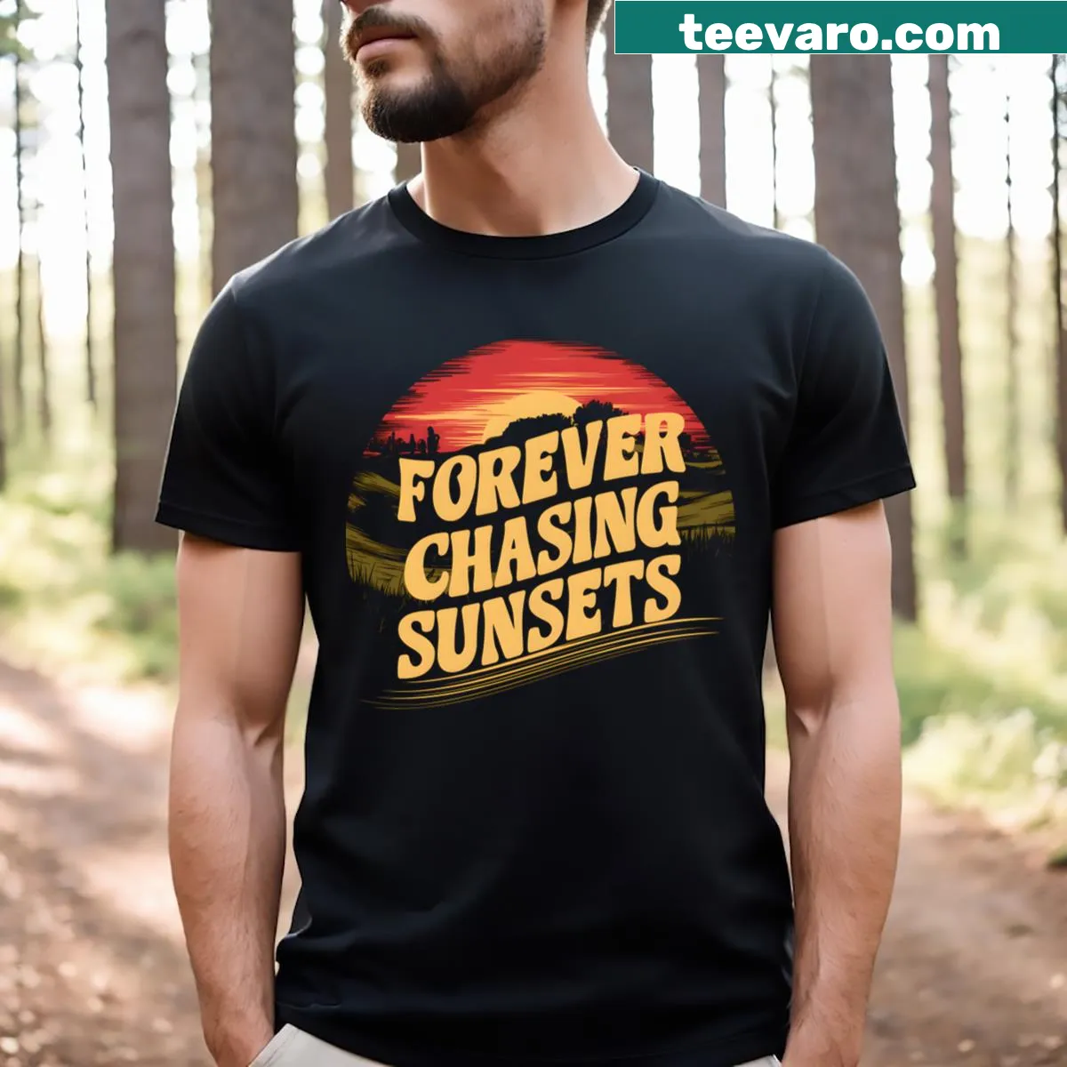 Retro styled T-shirt with the phrase 'Forever Chasing Sunsets' evoking summer vibes — on a men's t-shirt