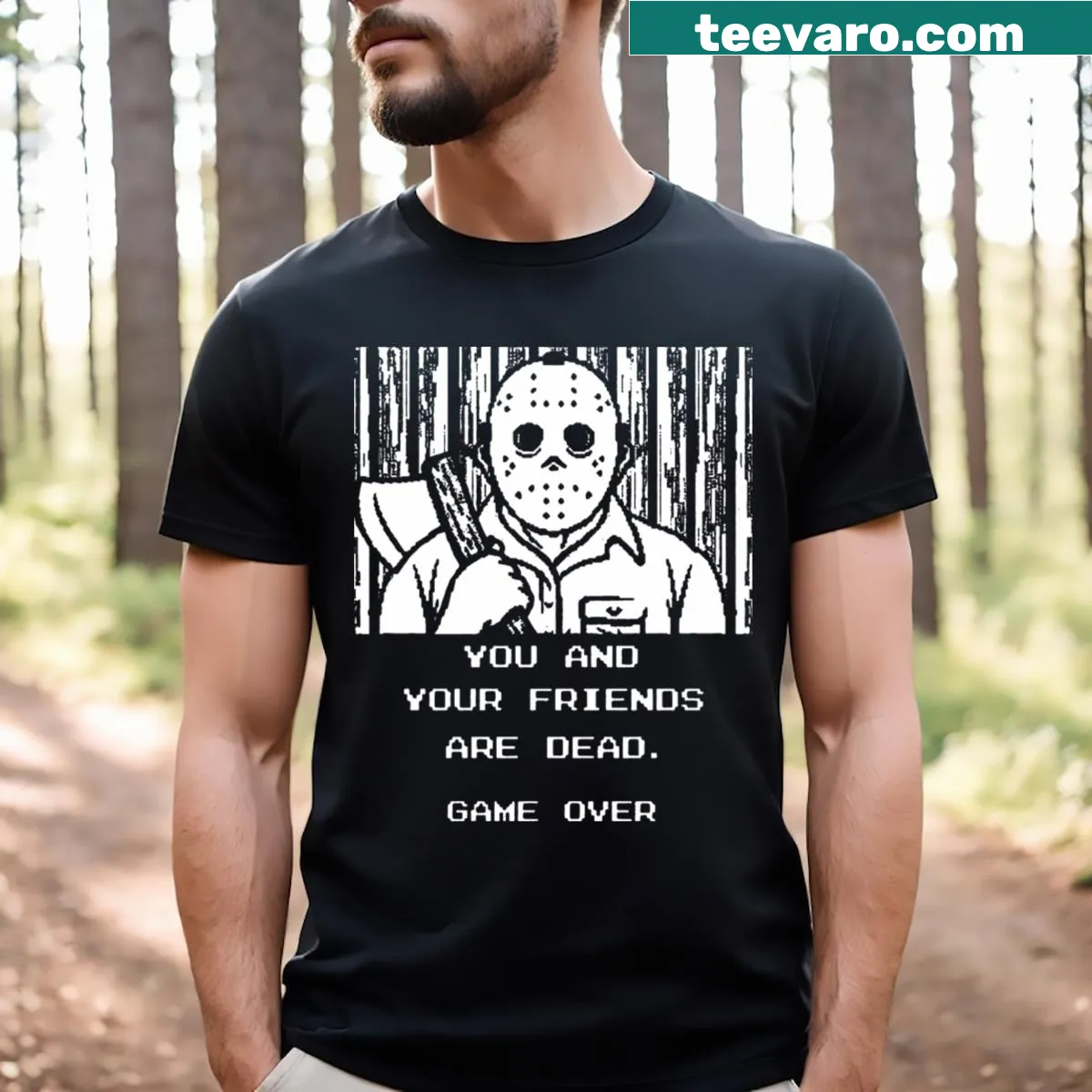 8-bit graphic t-shirt inspired by Friday the 13th video game — on a men's t-shirt