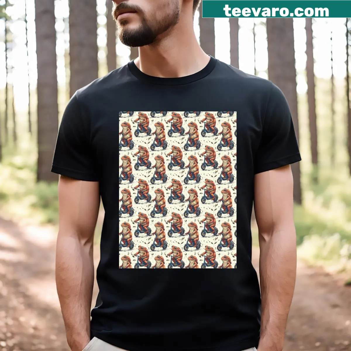 Graphic t-shirt with funny frogs in various poses — on a men's t-shirt