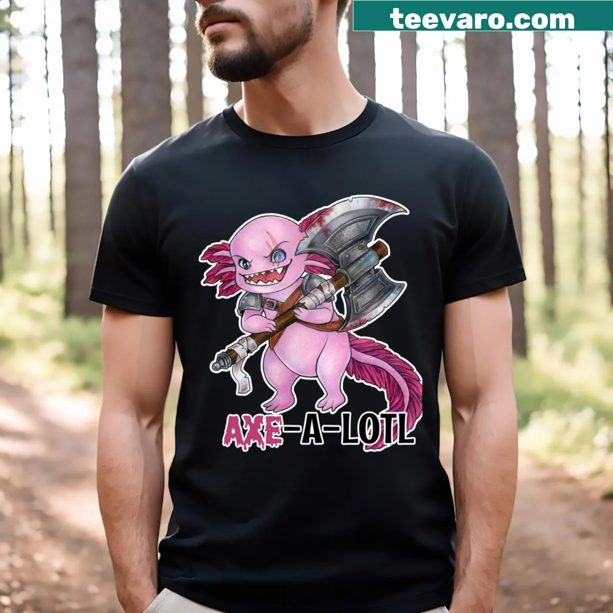 Cartoon axolotl dressed as a barbarian warrior with an axe, humorous design. — on a men's t-shirt