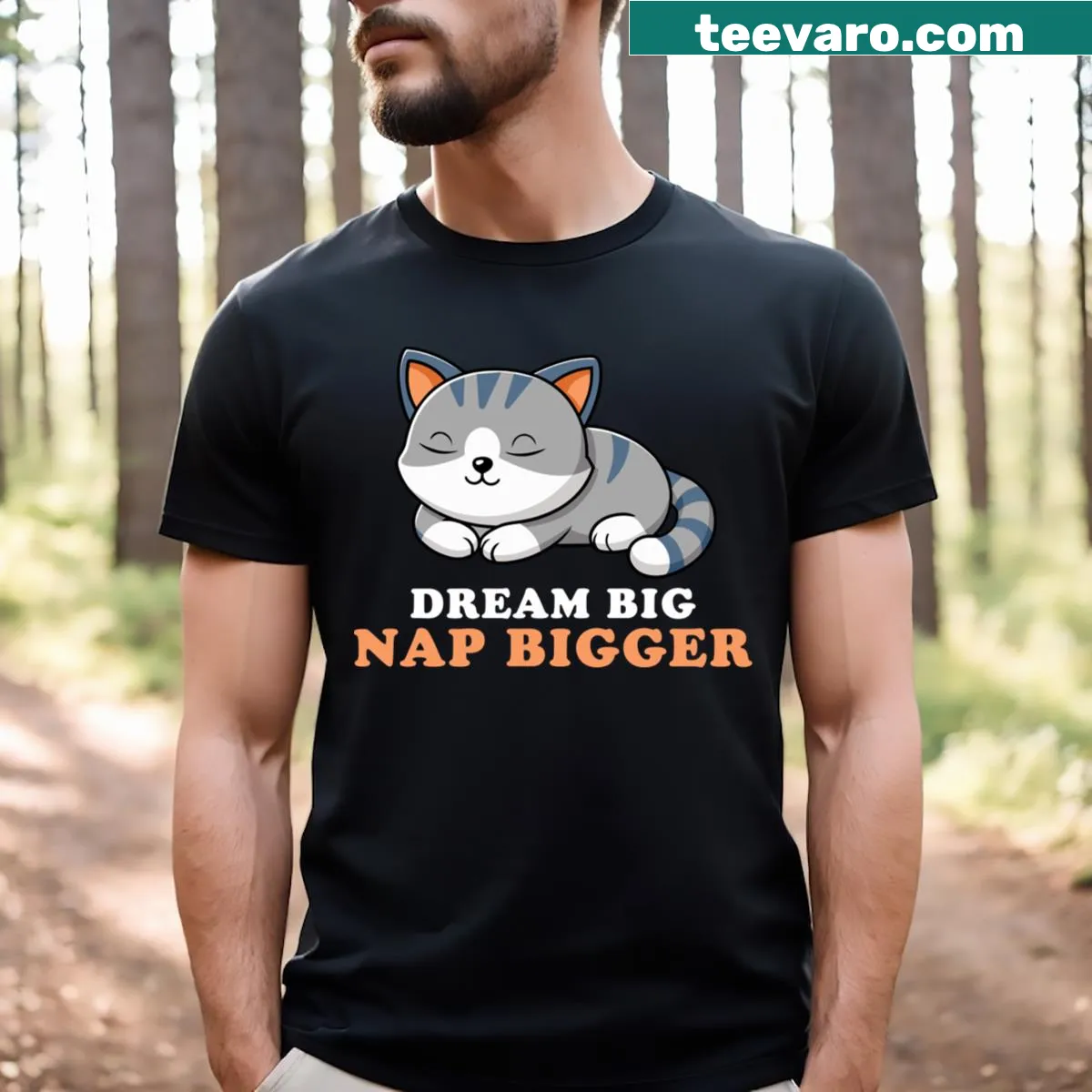 T-shirt featuring a cat sleeping with a humorous tagline — on a men's t-shirt