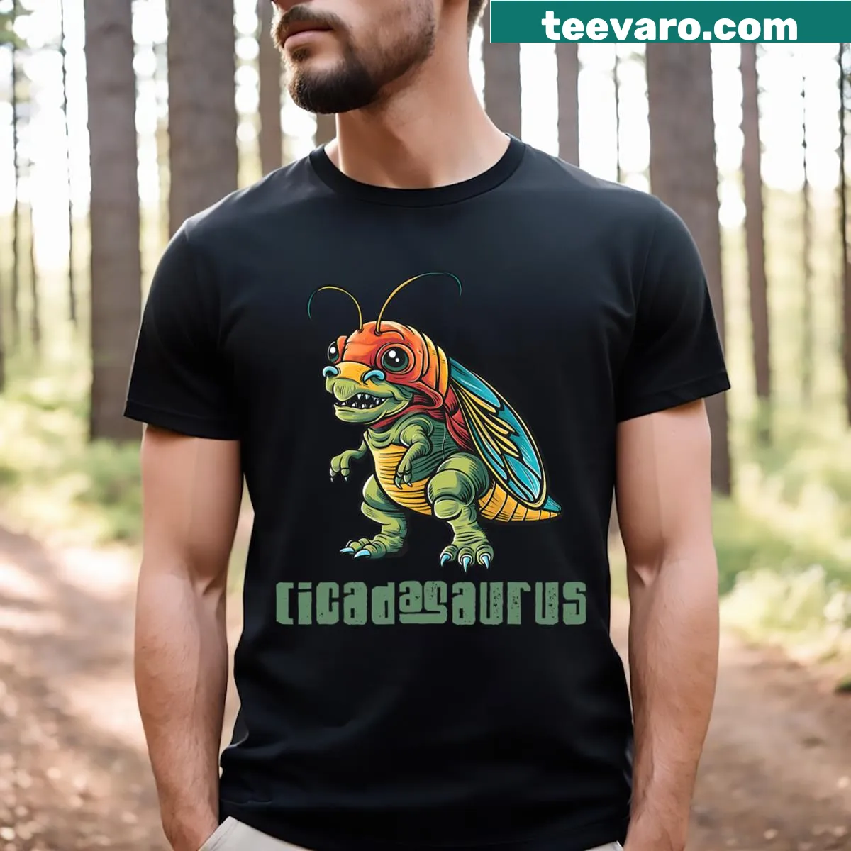 Cicadasaurus graphic t-shirt celebrating cicada emergence. — on a men's t-shirt