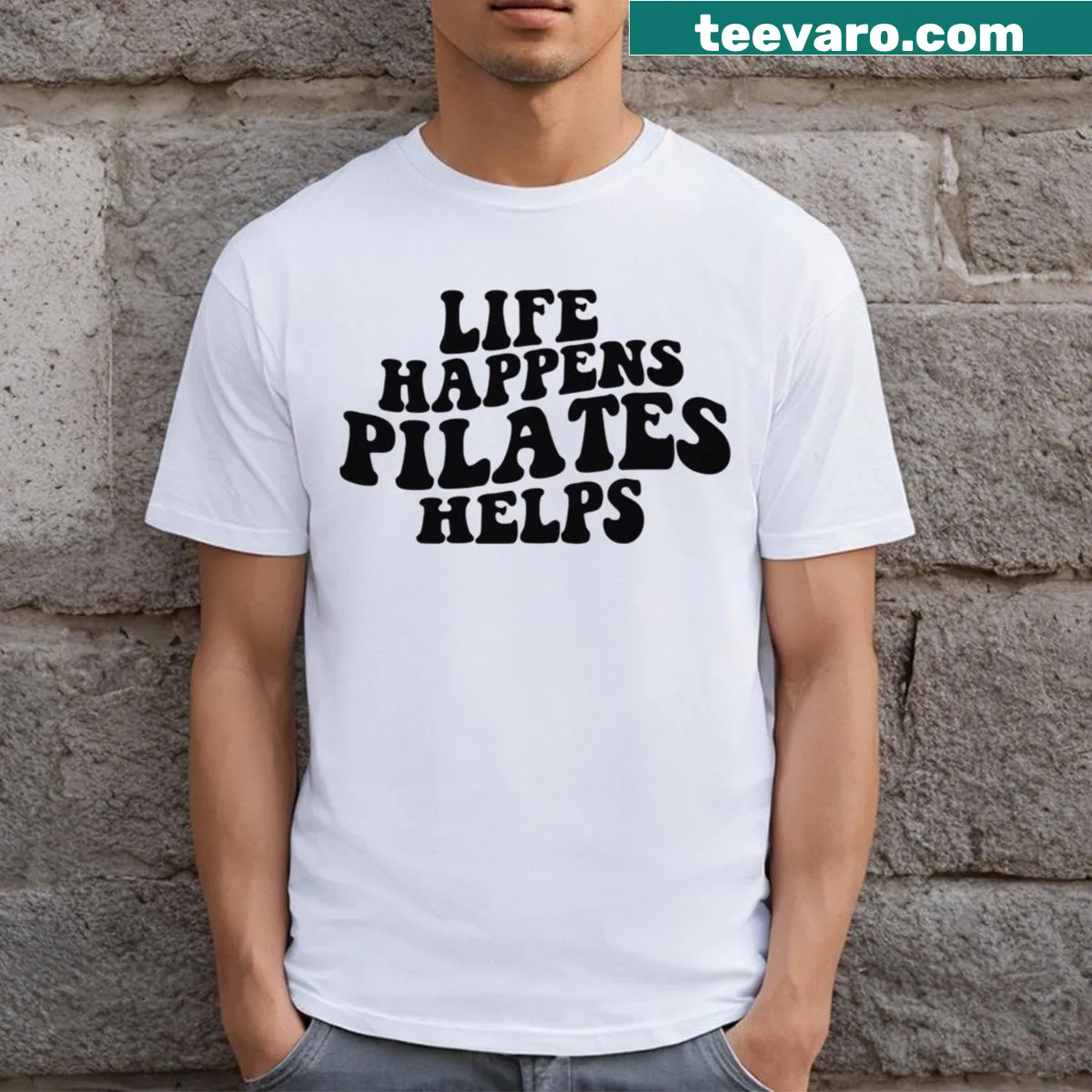 Graphic tee about Pilates helping with life's challenges — on a men's t-shirt