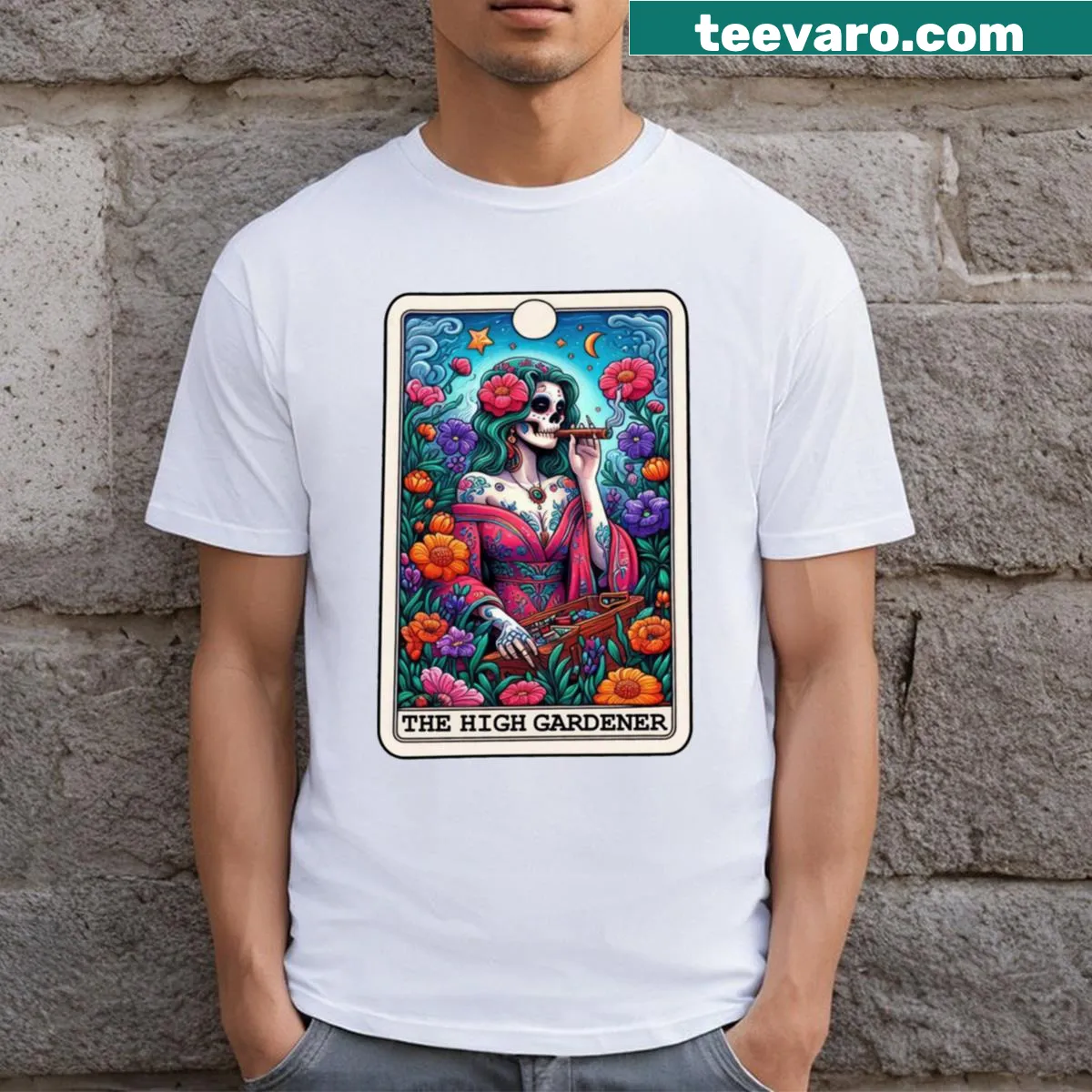 Sugar skull with floral designs and gardening elements — on a men's t-shirt