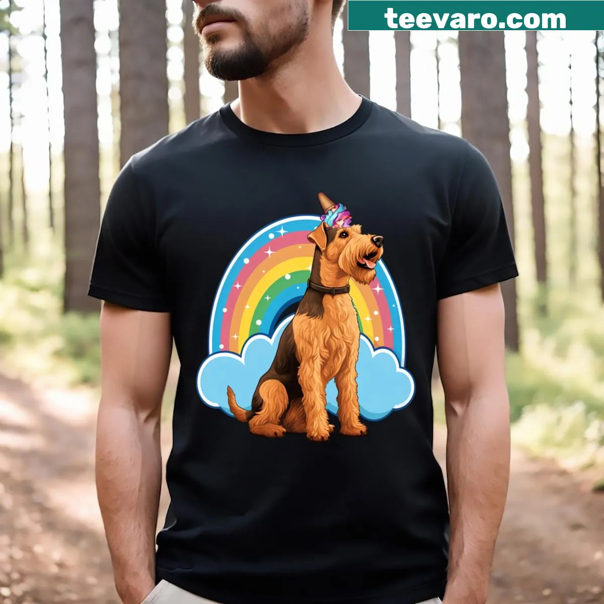 Illustrative shirt of a unicorn Airedale Terrier — on a men's t-shirt