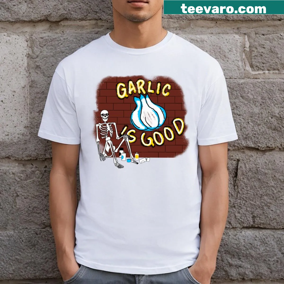 Playful typography t-shirt featuring the phrase 'Garlic Is Good' — on a men's t-shirt