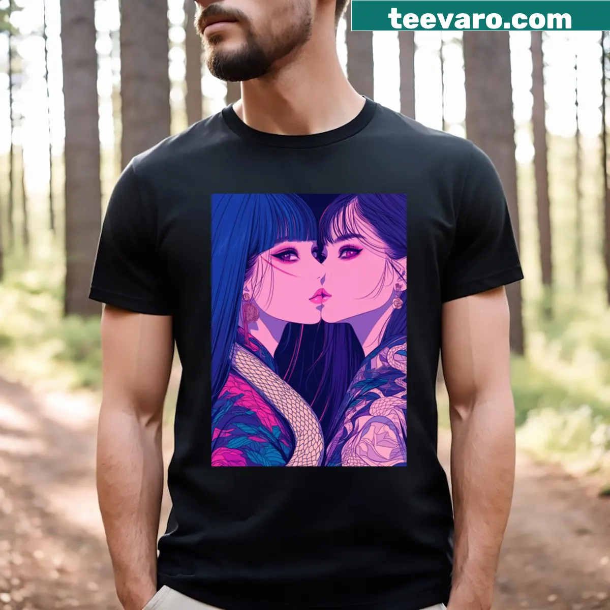 Geisha and dragon illustration t-shirt in water theme — on a men's t-shirt