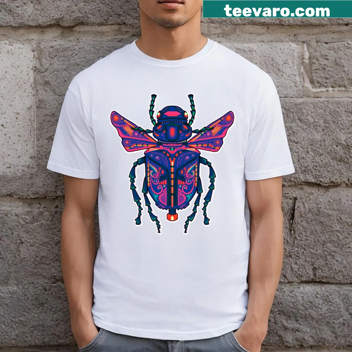 Illustration of a geometric beetle with intricate patterns — on a men's t-shirt