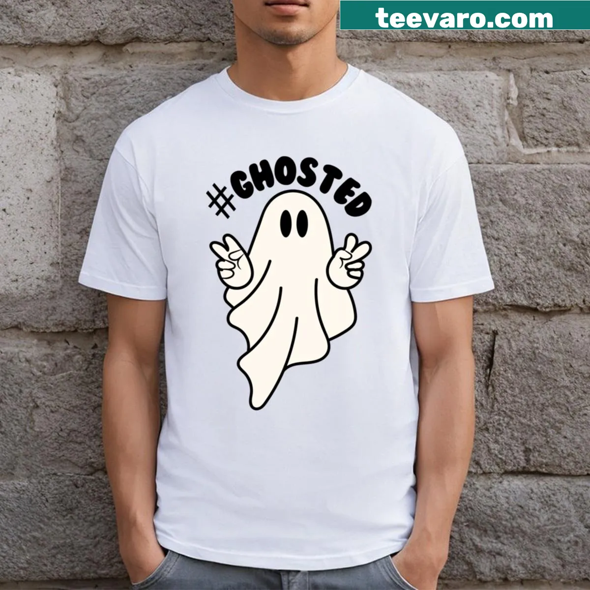 Text-based T-shirt with 'Ghosted' graphic design — on a men's t-shirt