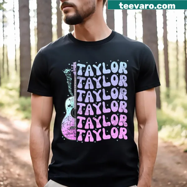 Personalized retro 80's pink t-shirt with the name 'Taylor' in groovy font
