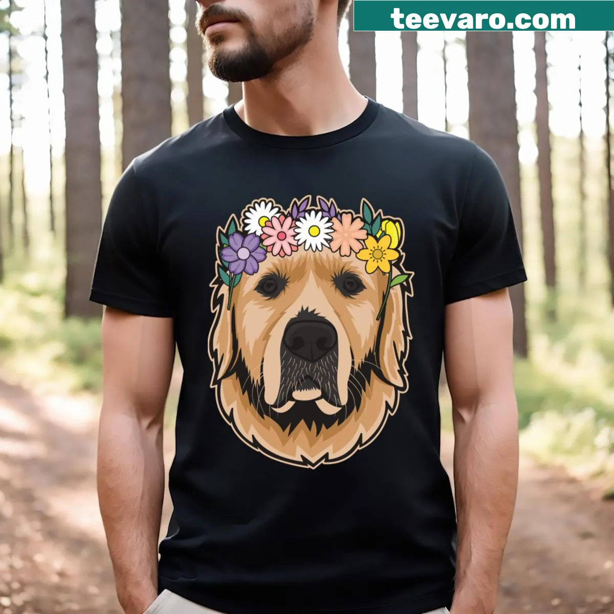Golden retriever with a flower crown illustrated on a t-shirt — on a men's t-shirt