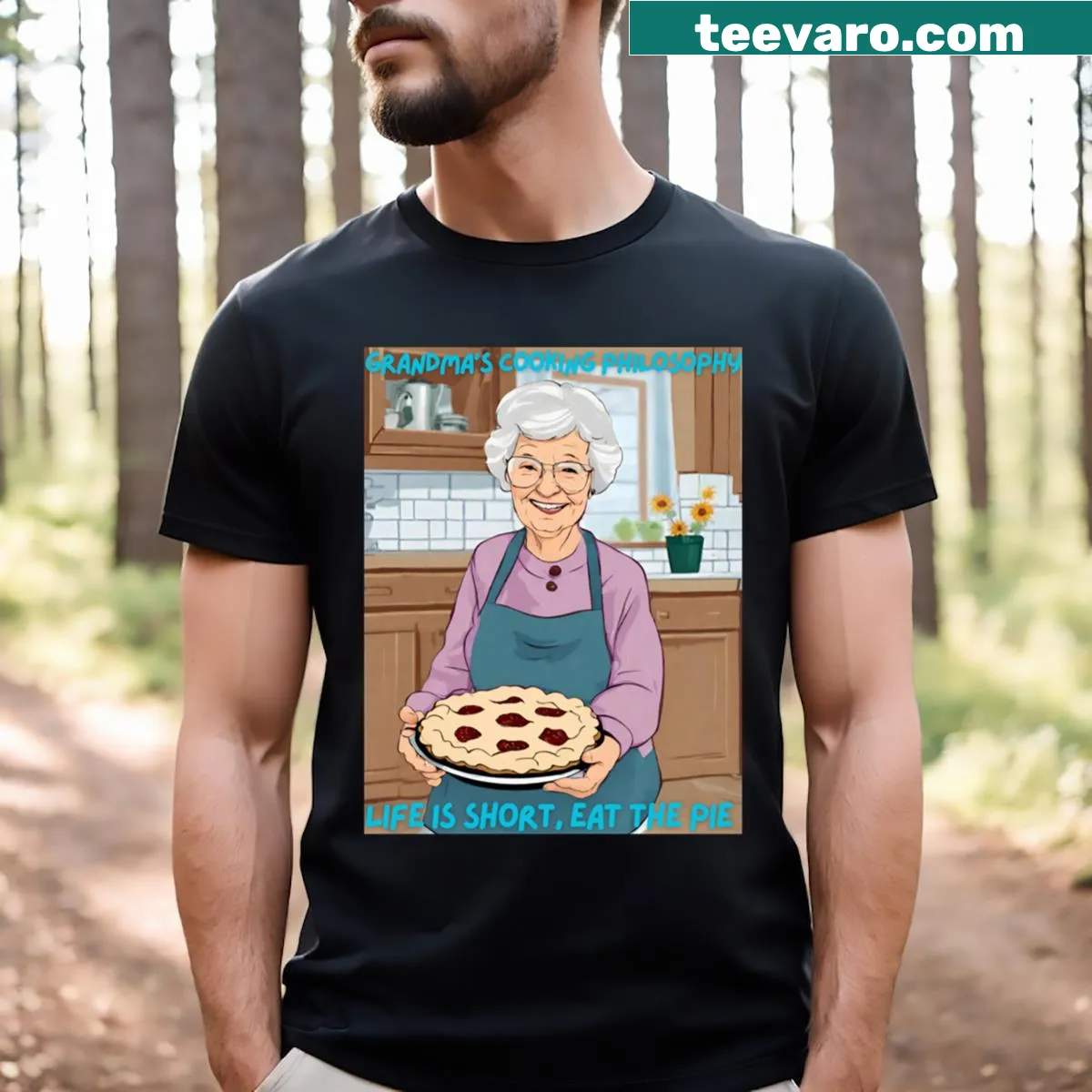 T-shirt featuring Grandma's cooking saying about enjoying pie — on a men's t-shirt