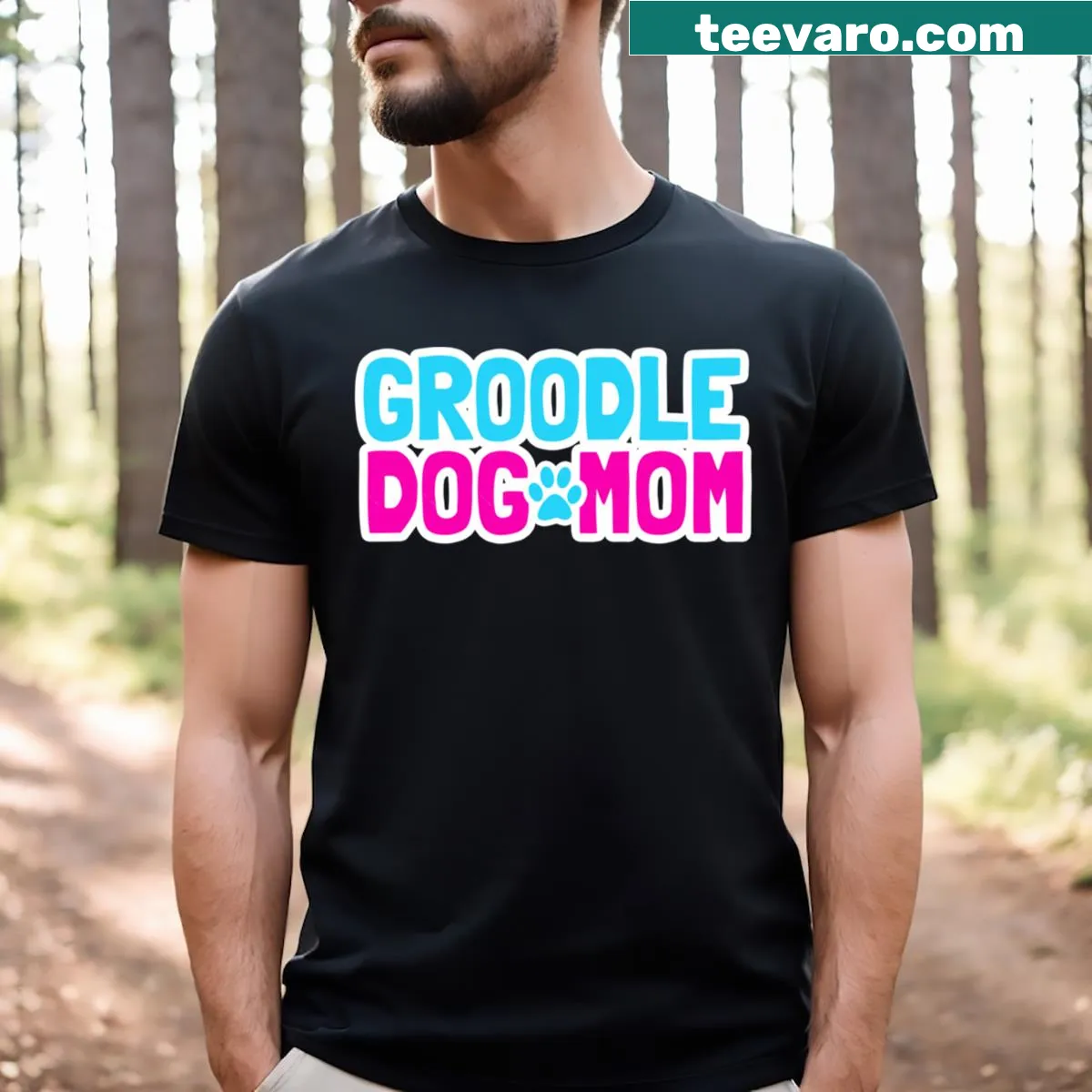 T-shirt featuring a Groodle paw print design — on a men's t-shirt