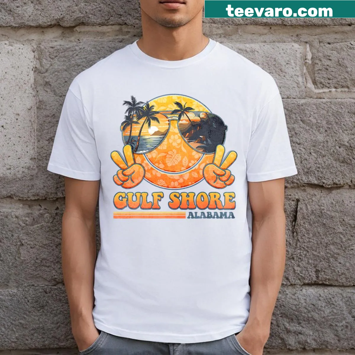Illustrated T-shirt inspired by Gulf Shores Alabama beach — on a men's t-shirt