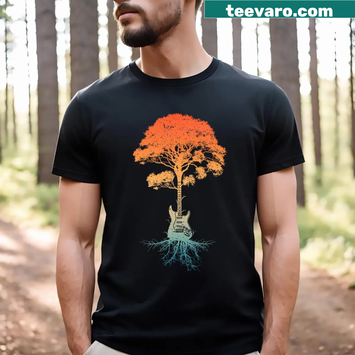 Illustrated T-shirt featuring guitar art for musicians — on a men's t-shirt