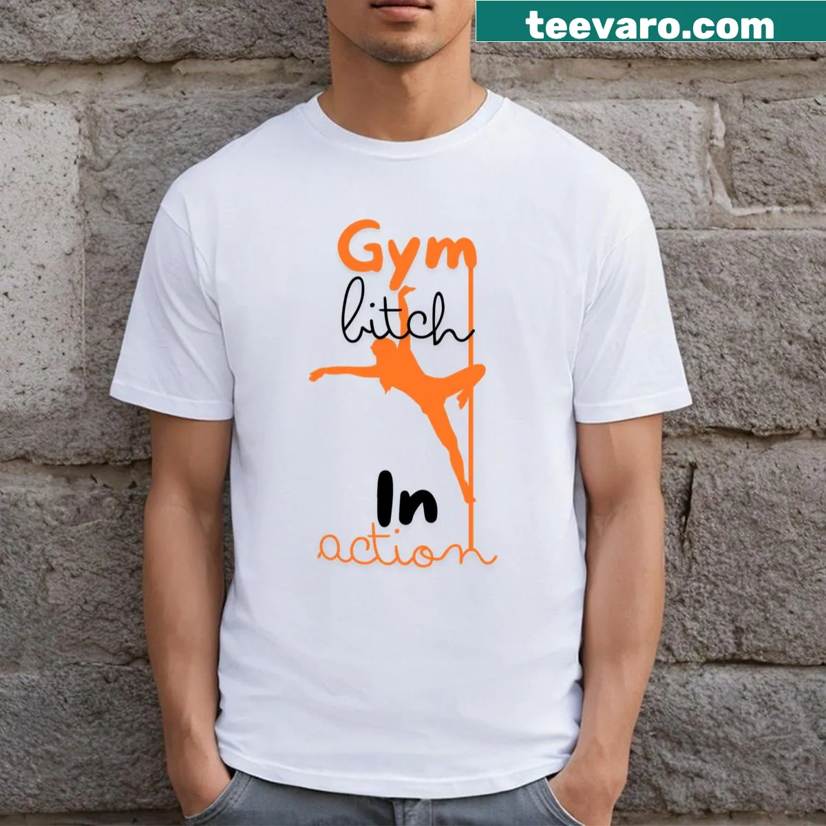 Bold gym t-shirt with 'Gym Bitch In Action' typography — on a men's t-shirt