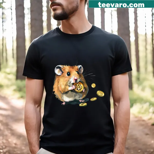 Cartoon hamster eating Bitcoin graphic on a T-shirt