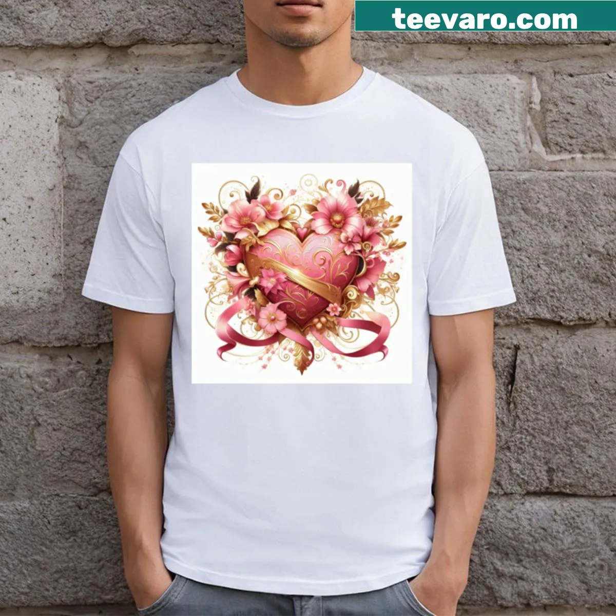 T-shirt featuring whimsical heart ribbons and flowers illustration — on a men's t-shirt