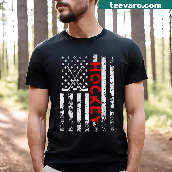 Hockey-themed T-shirt featuring an American flag and a hockey stick