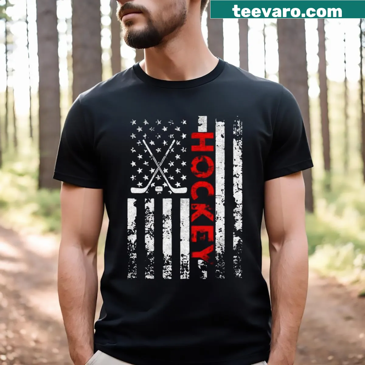 Hockey-themed T-shirt featuring an American flag and a hockey stick — on a men's t-shirt