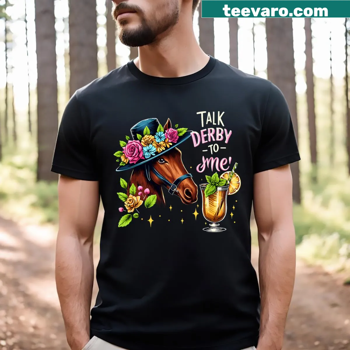 T-shirt featuring horse racing graphic for Derby Day — on a men's t-shirt