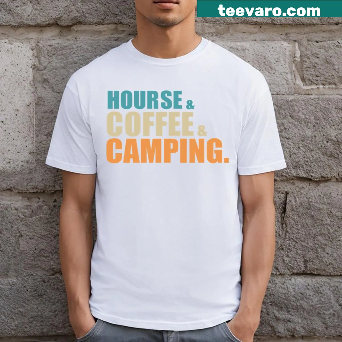 T-shirt depicting dogs enjoying coffee and camping adventures — on a men's t-shirt