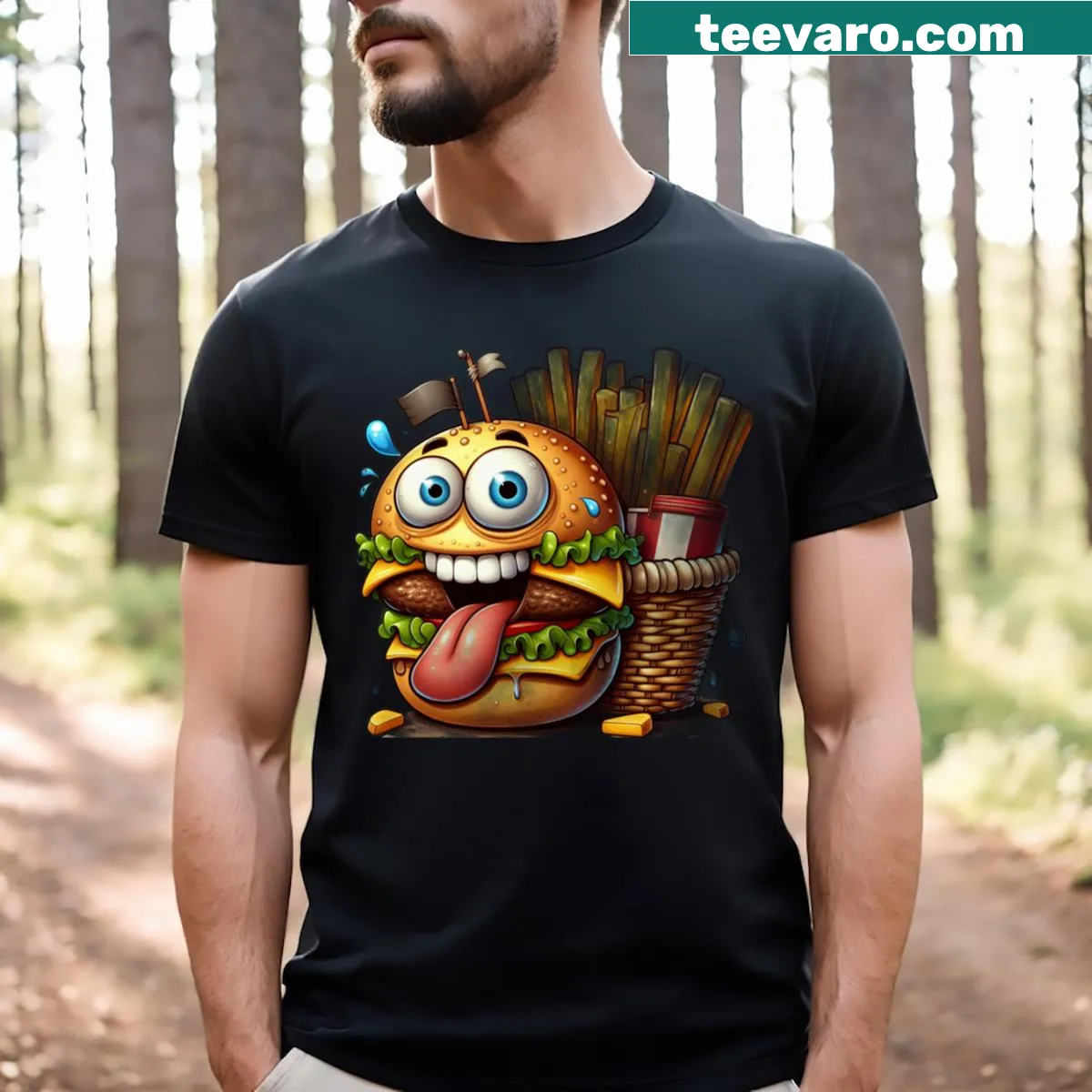 Cartoon burger and fries in a basket illustration on t-shirt. — on a men's t-shirt