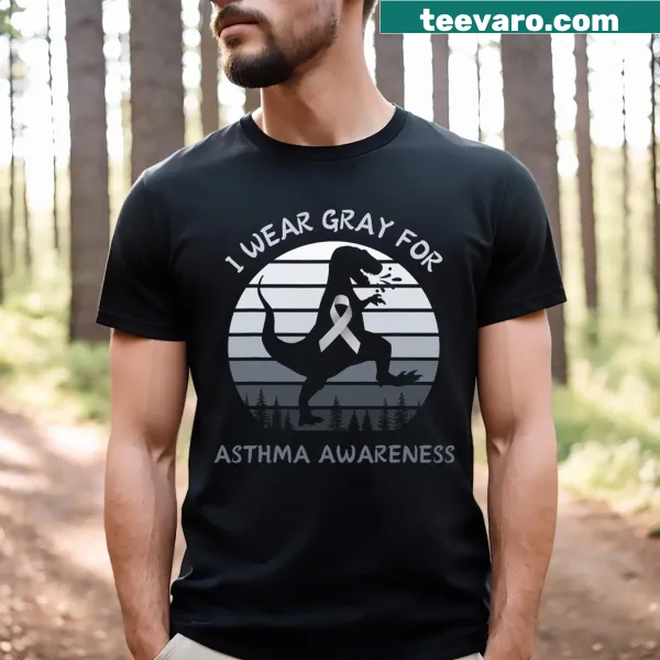 Retro T-shirt with 'I Wear Gray For Asthma Awareness' and T-Rex graphic