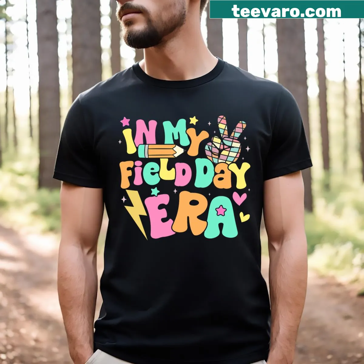Fun T-shirt celebrating field days with a groovy design — on a men's t-shirt