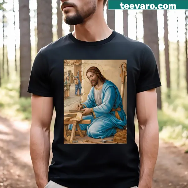 T-shirt illustrating Jesus as a carpenter with a thoughtful design