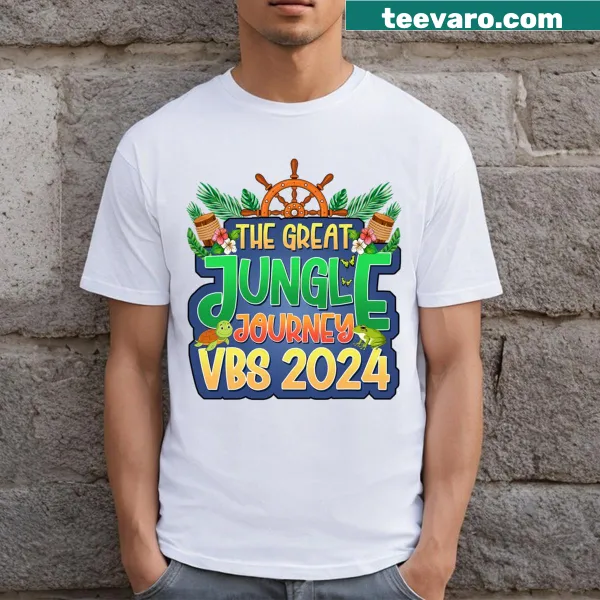 T-shirt featuring 'Jungle Journey VBS 2024' design for kids.