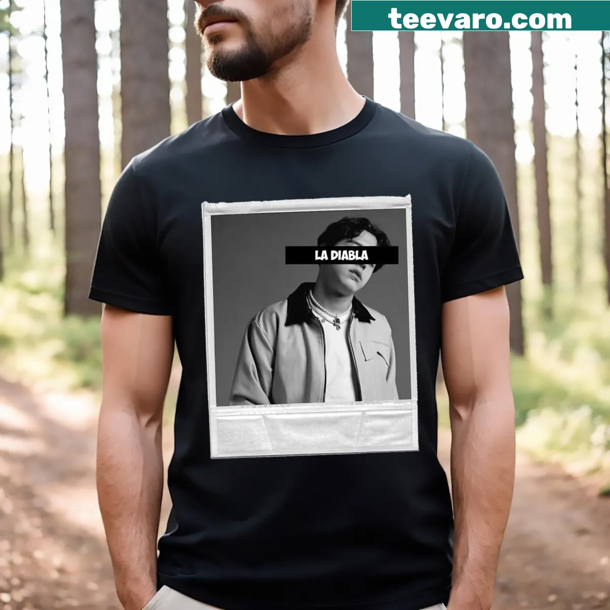 T-shirt featuring the design of La Diabla with bold typography — on a men's t-shirt