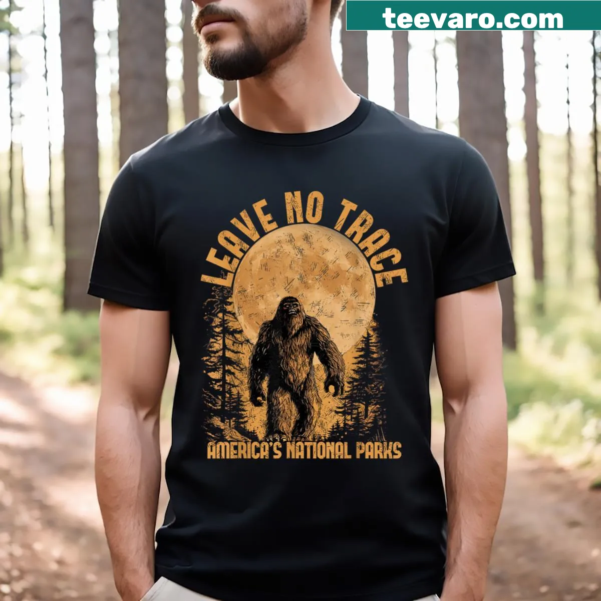 Funny Bigfoot illustration with 'Leave No Trace' text for outdoor lovers — on a men's t-shirt