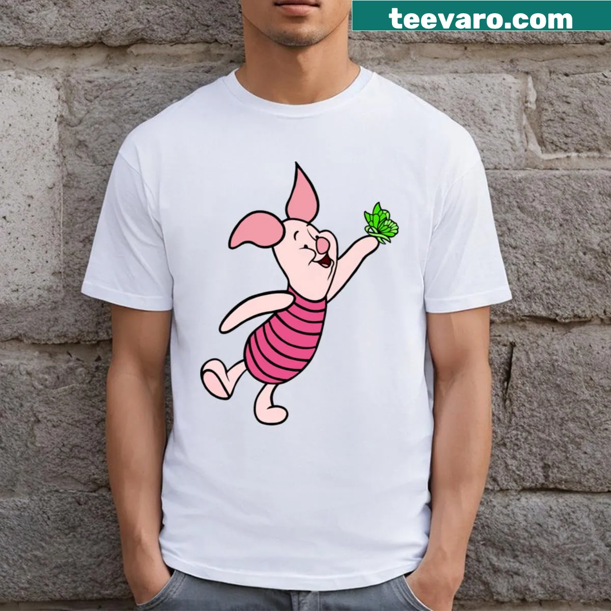 Illustration of a pig with an awareness ribbon and butterfly design — on a men's t-shirt