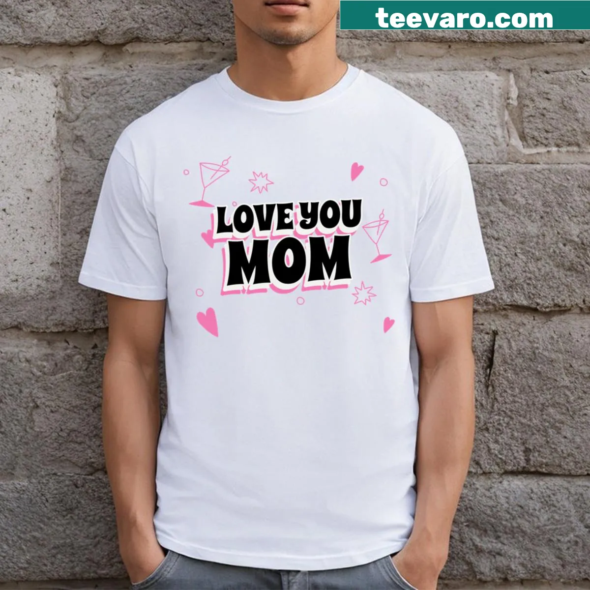 T-shirt with the message 'Love You Mom' in heartfelt typography — on a men's t-shirt