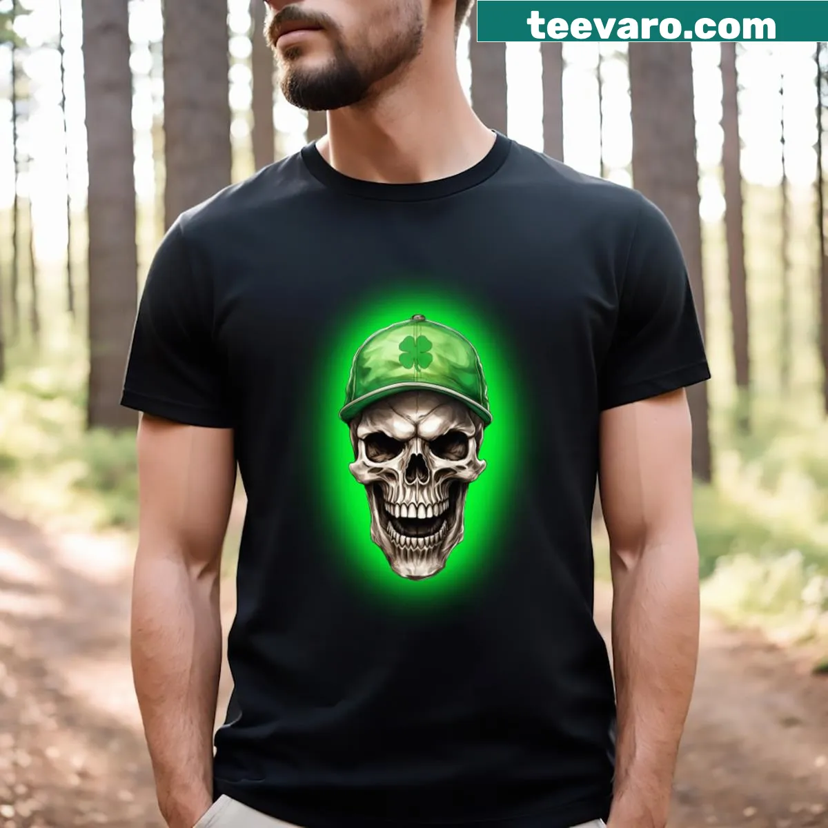 Graphic t-shirt with a lucky skull design and cap illustration — on a men's t-shirt