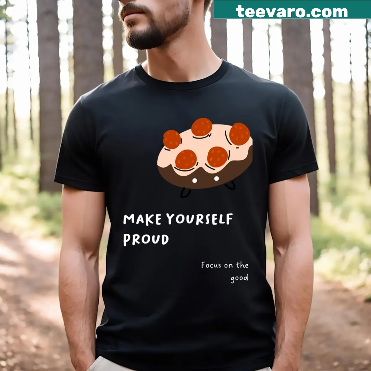 T-shirt featuring a donut illustration and motivational text — on a men's t-shirt