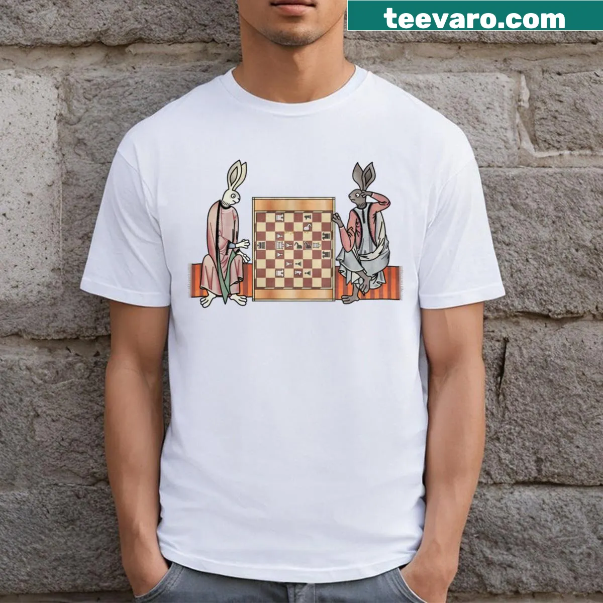 Illustration of rabbits in medieval attire playing chess — on a men's t-shirt