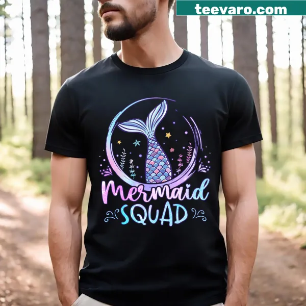 T-shirt with 'Mermaid Birthday Squad' text and graphic.