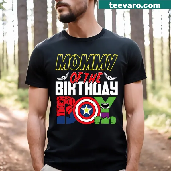 T-shirt with 'Mommy Of The Birthday Boy' printed in playful typography