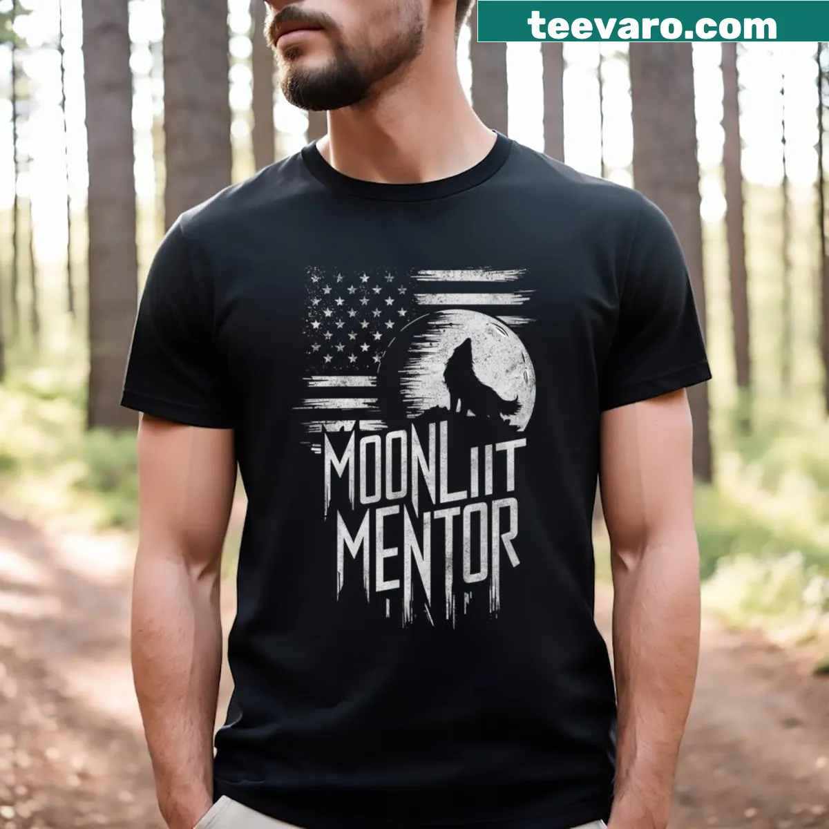 Illustration of a wolf in a moonlit setting — on a men's t-shirt