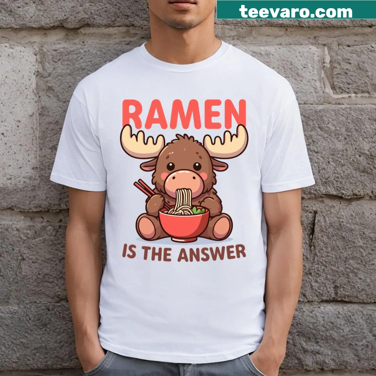 T-shirt featuring a moose enjoying ramen noodles — on a men's t-shirt